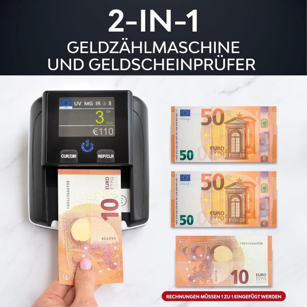 Banknotenprüfer & Geldzählmaschine Banknoten 2in1 - Einzeln einlegen - Banknotenprüfer Falschgelderkennung mit UV/MG/IR für falsche Euro-, Pfund-, Dollarscheine - mobiler Scanner