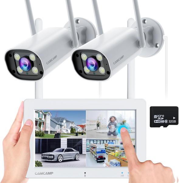 CAMCAMP 3MP Überwachungskamera Set mit Monitor, Aussen, WLAN, Farbnachtsicht, Tragbar, 7" Bildschirm mit Akku, Bewegungsüberwachung, 7/24 Aufnahme Wiedergabe, 2-Wege-Audio, APP-Fernbedienung 32GB SDKarte
